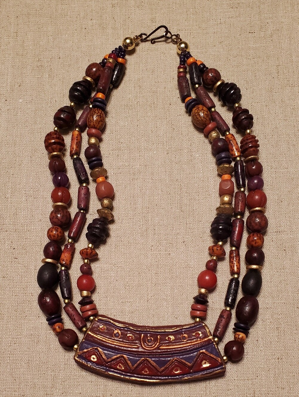 Bohemian Wood Beaded Brown Red And Black Long Chunky Necklace OS - Picture 2 of 5